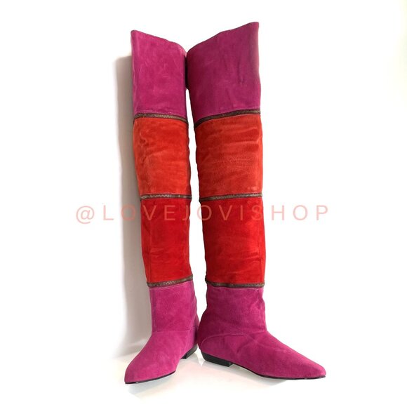 Vintage 80s | Maximalist Tiered Suede Thigh High to Ankle Boots Pink Fuchsia Red - Picture 6 of 16